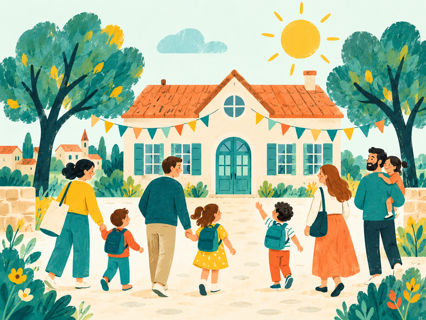 Une école accueillante, des enfants et des arbres, sous un soleil jaune.